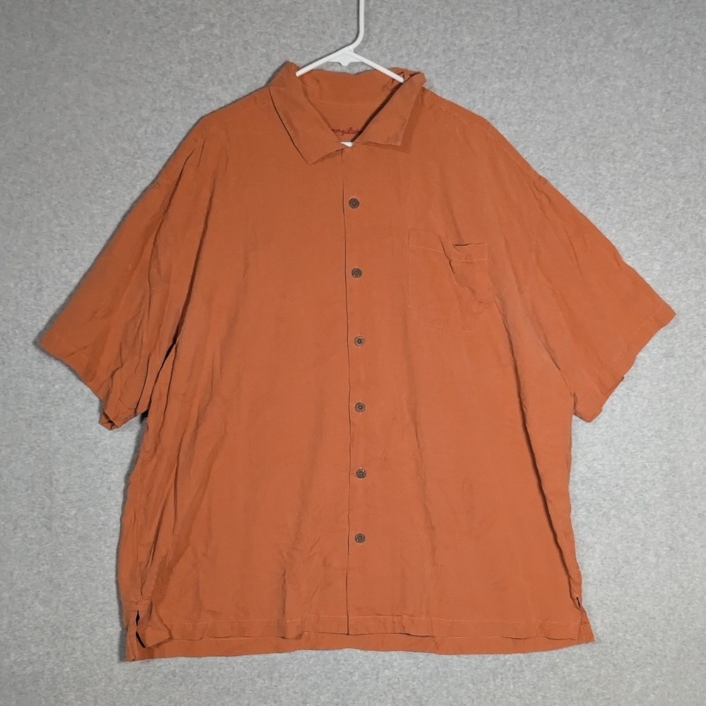 Tommy Bahama Shirt Mens XXL Orange Silk Short Sleeve Palm Jacquard Hawaiian
